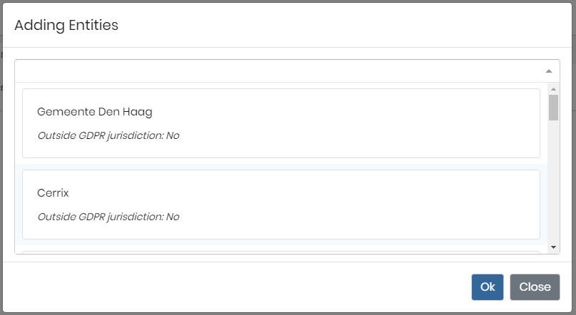 The Adding Entities pop-up on the Manage Data Structures tab