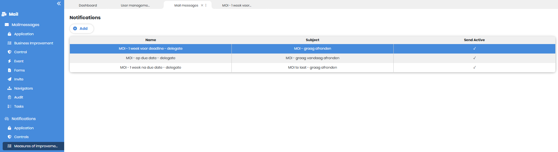 The Notifications overview under Mail Messages, with notifications per module