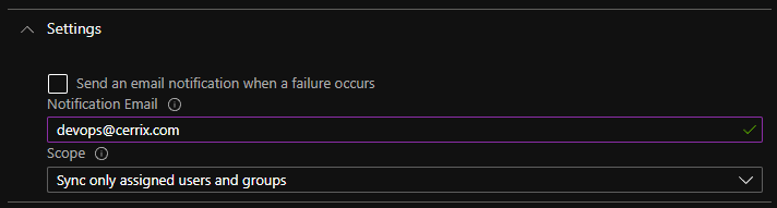Provisioning settings: sync scope and failure notifications