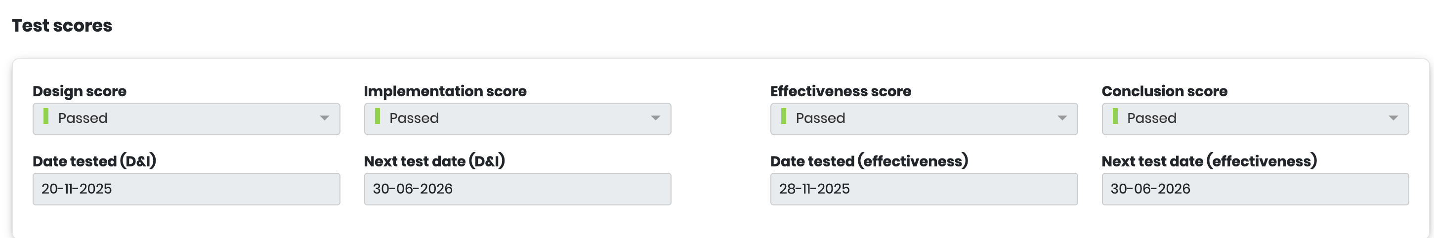 The Test scores panel: Design, Implementation, Effectiveness and Conclusion scores with test dates