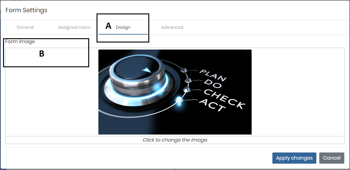 the Design tab with the form image placeholder