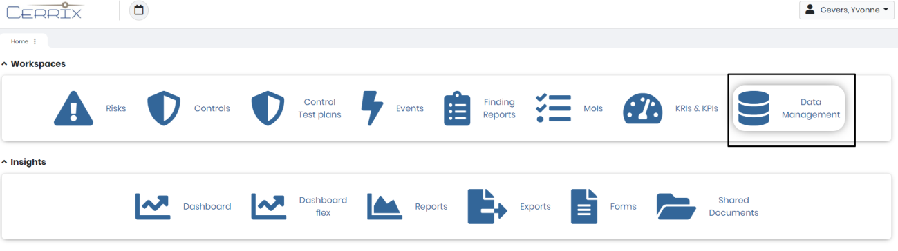 The Data Management workspace in the Workspaces widget