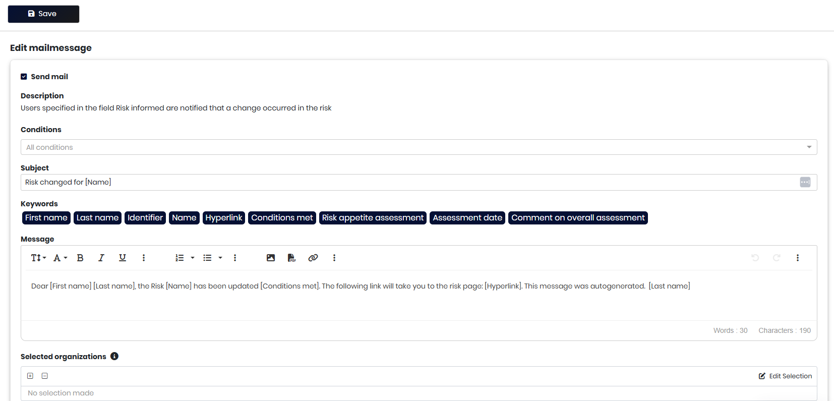The Risk Updated mail message with conditions, subject, keywords and message body