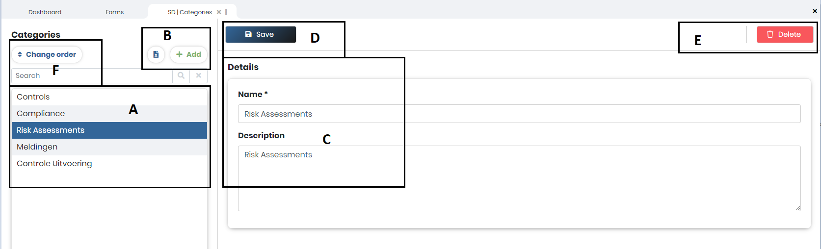 the Categories management screen (Add, Save, Delete, Change order)