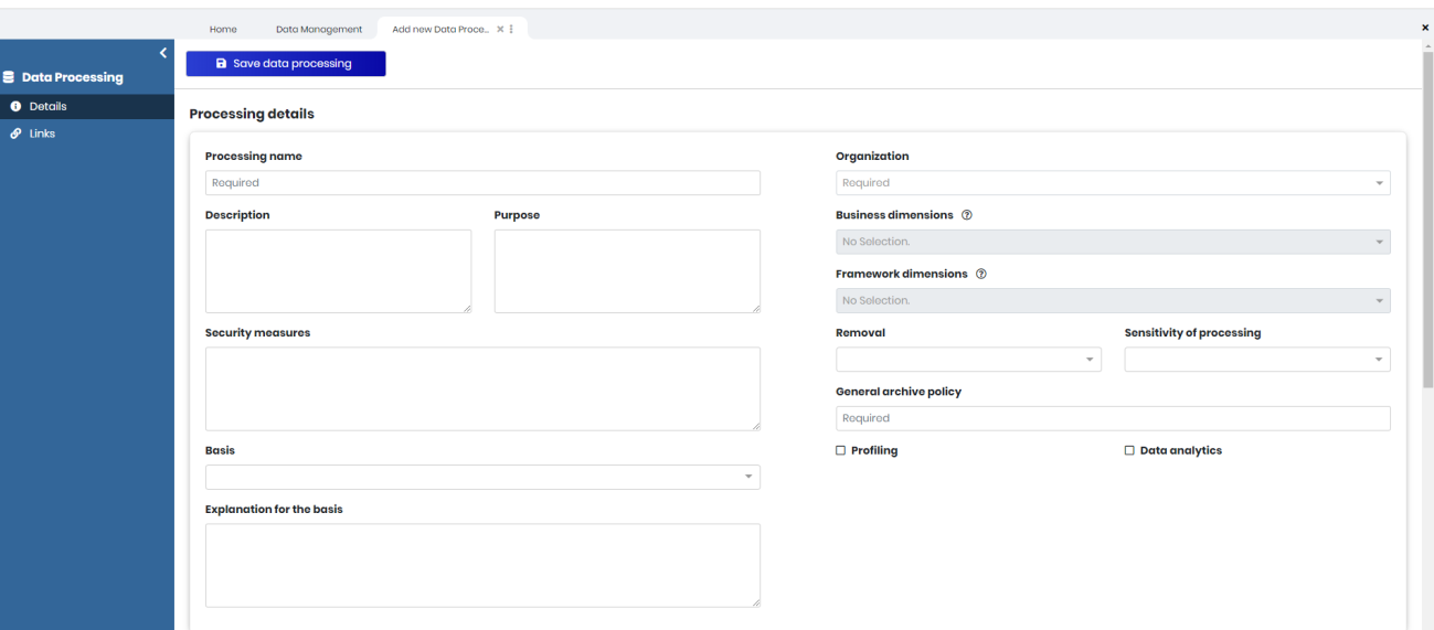 The processing details screen of a new data processing