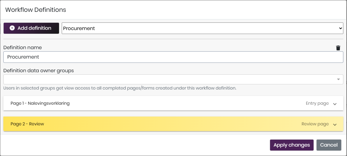 Workflow Definitions configuration