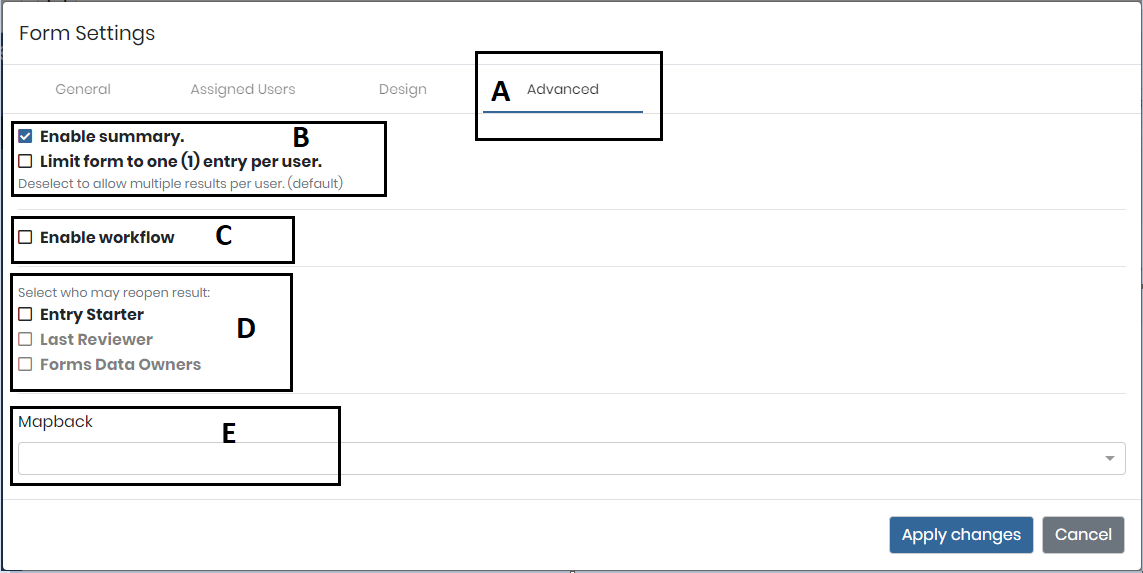 the Advanced tab with form type options