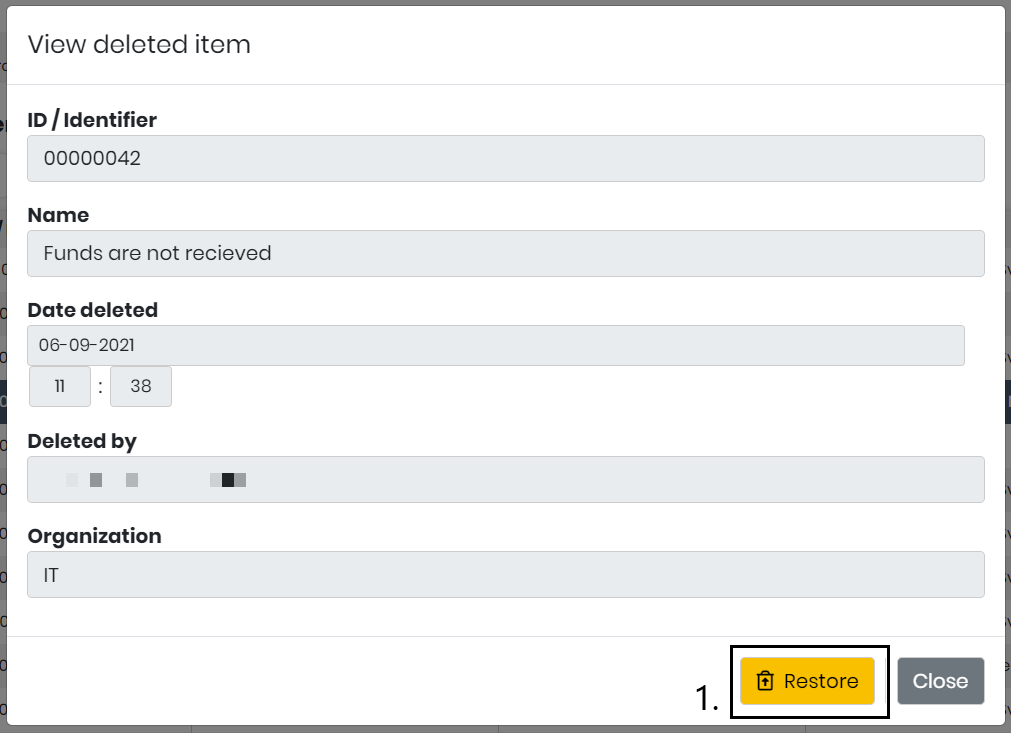 The details of a deleted item with the Restore button