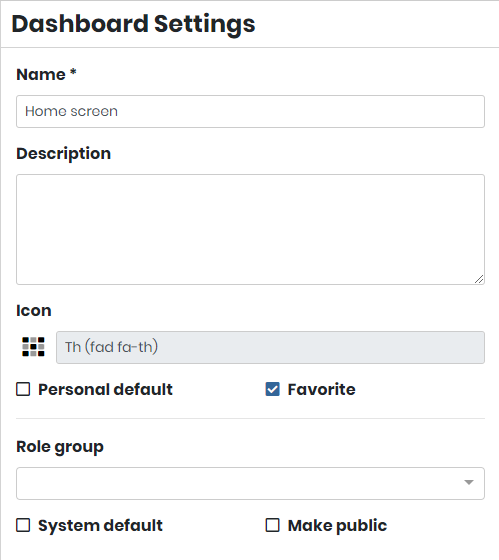 Dashboard settings: name, description, icon, defaults, role group and visibility