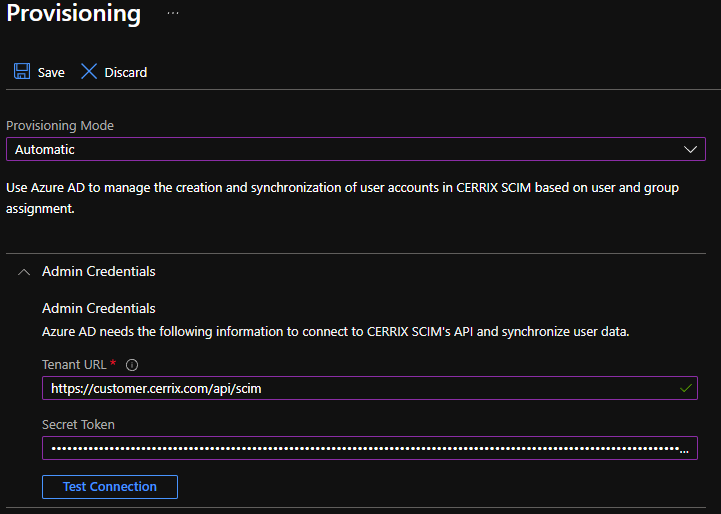 Provisioning admin credentials: Tenant URL and Secret Token