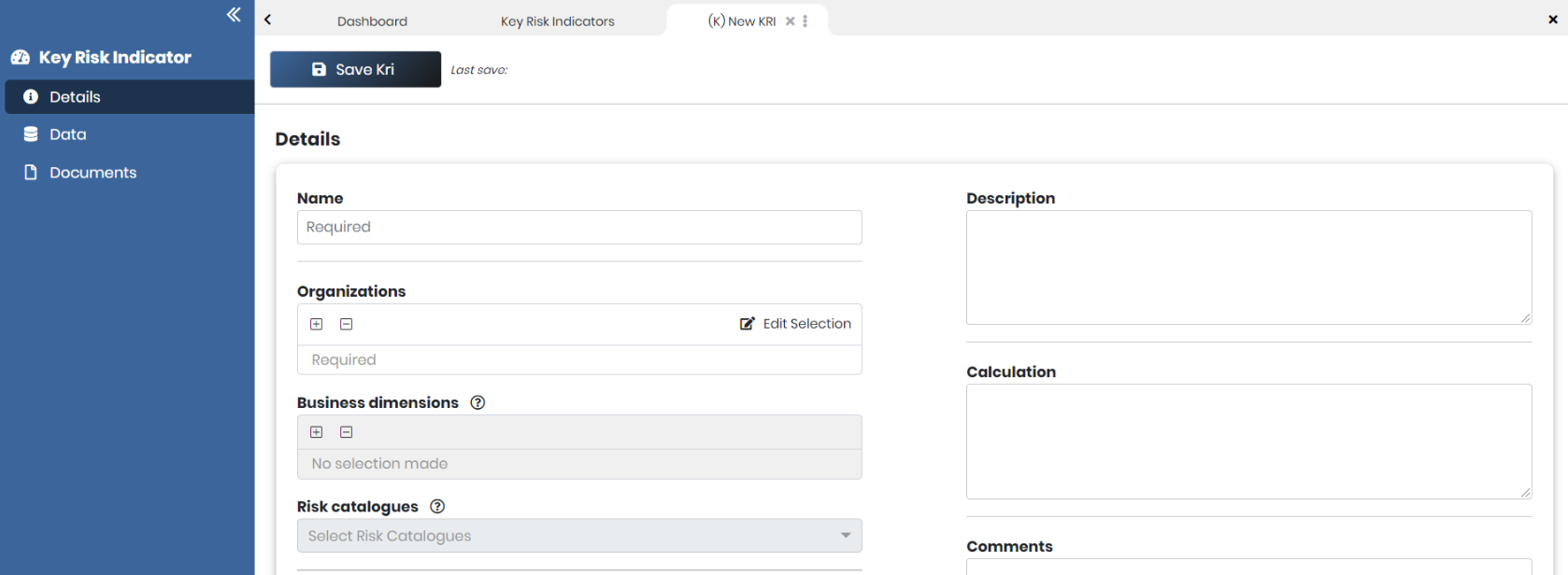 The KPI/KRI details screen when adding a new KRI