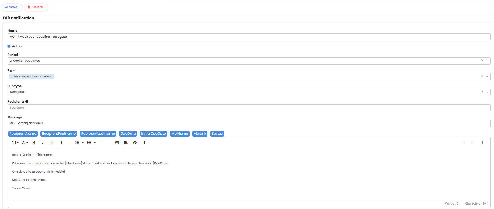 Editing a notification: period, type, sub type, recipients and message placeholders