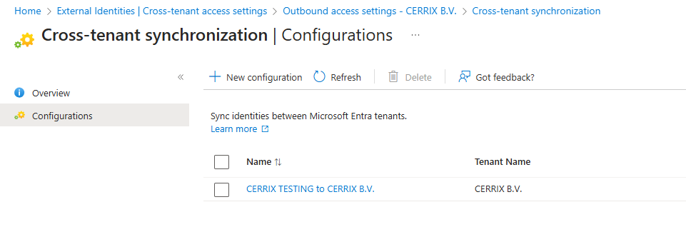 The cross-tenant synchronization configuration in the source tenant