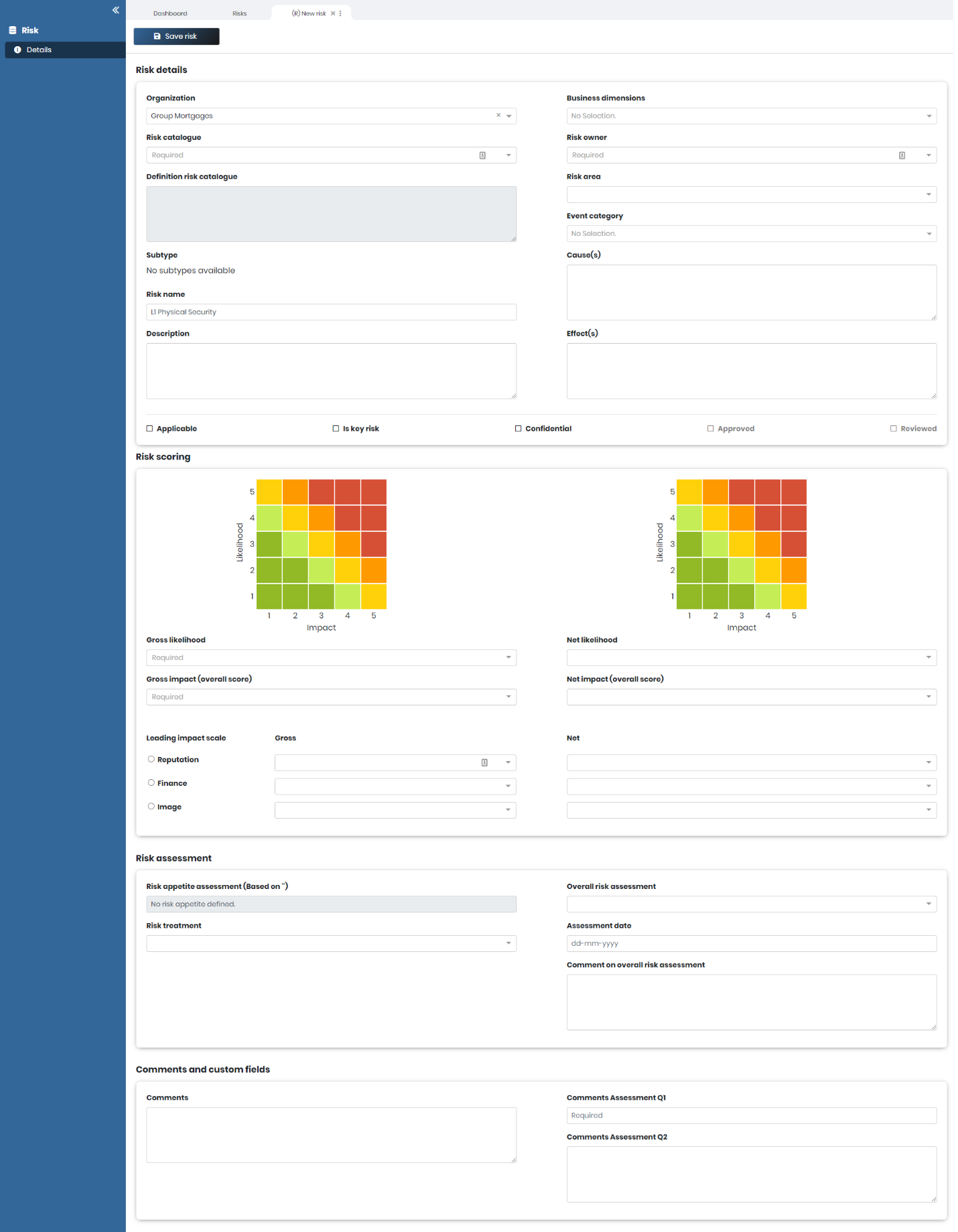 The details screen of a new risk: risk details, risk scoring, risk assessment and comments