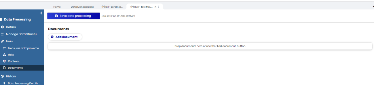 The Documents tab of a data processing