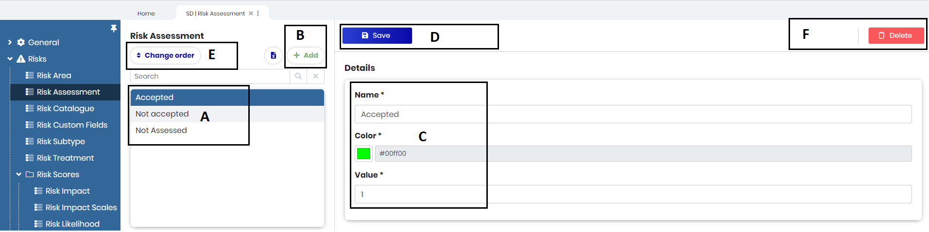 Risk Assessment standing data with name, color and value