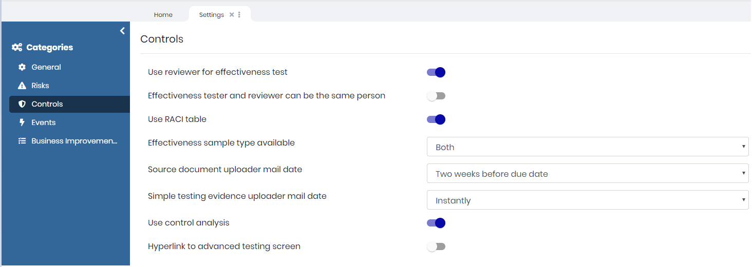 The Controls category in Settings